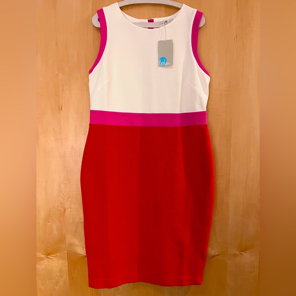 NWT Sleeveless Colorblock Ribbed Dress in Red/White/Pink by Boden - Size 12R